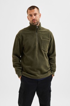 Selected Homme, Bluza de fleece cu fermoar si buzunar aplicat pe piept, Verde militar