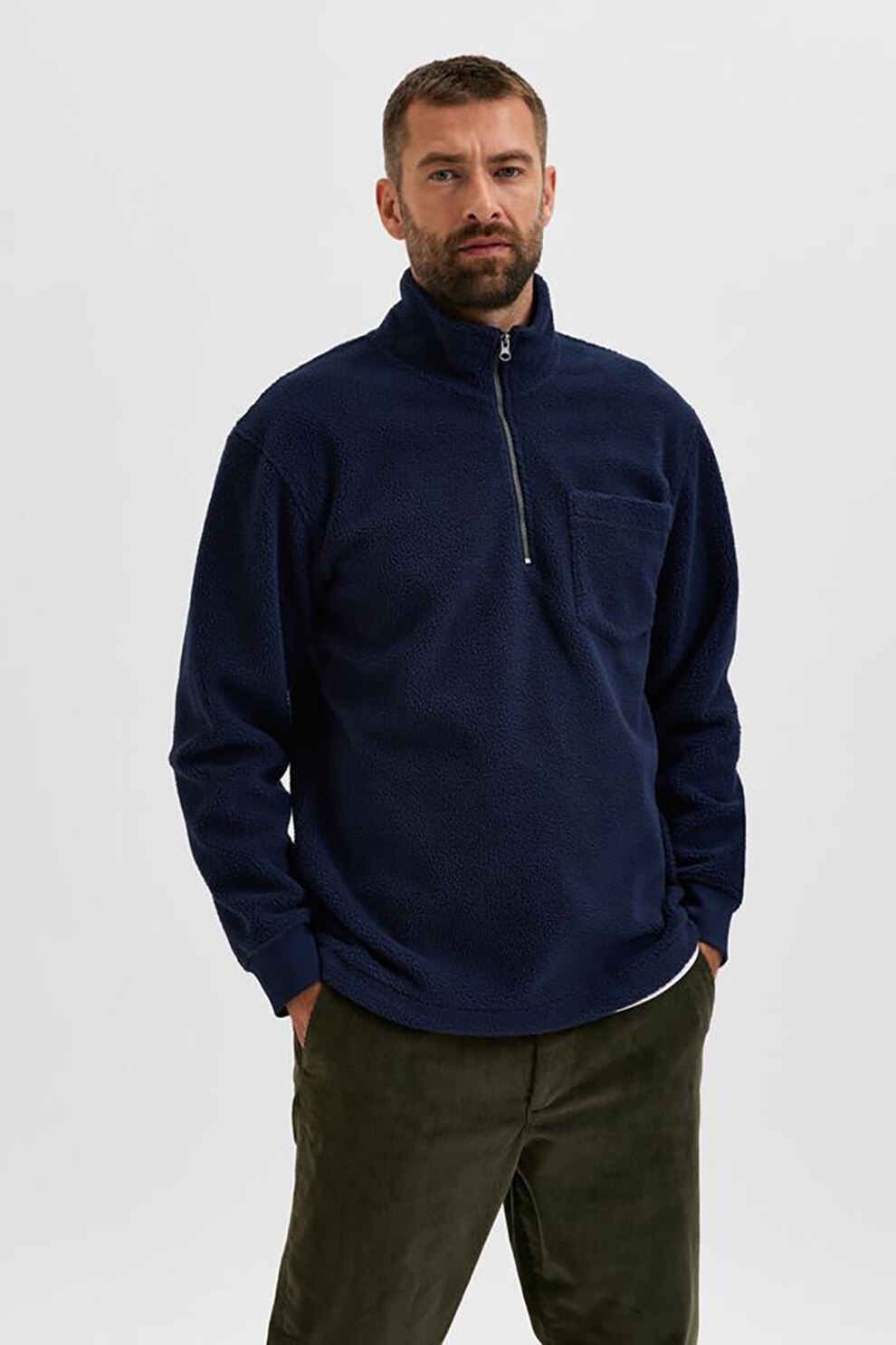 Selected Homme, Bluza de fleece cu fermoar si buzunar aplicat pe piept, Albastru inchis