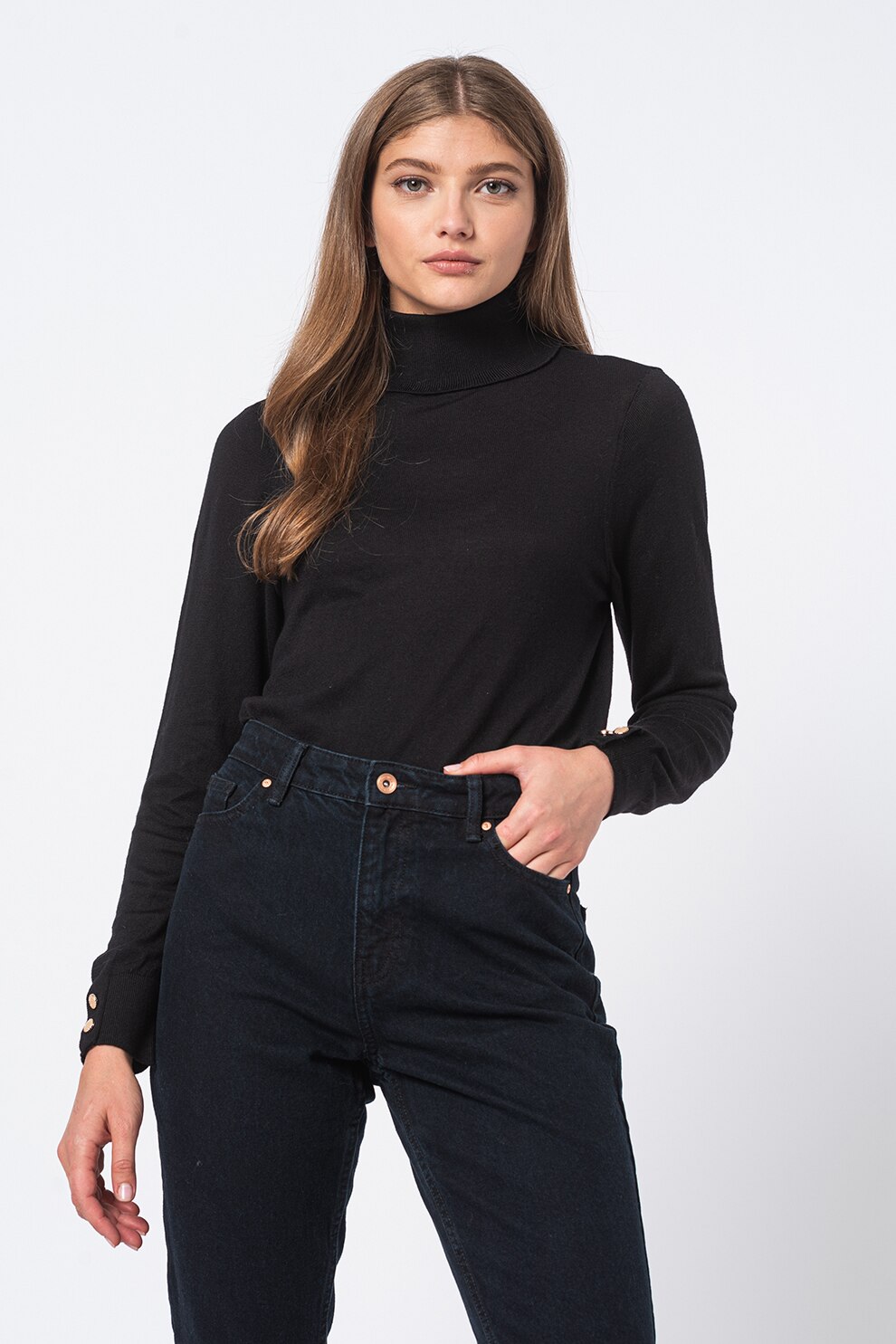Vero Moda, Pulover tricotat fin din amestec de modal cu guler inalt Milda, Negru