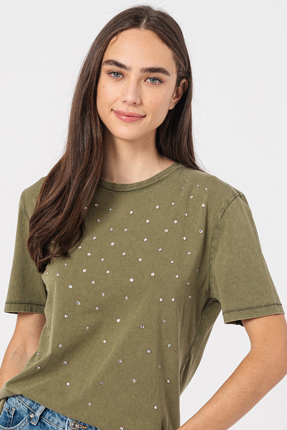 Only, Tricou din bumbac organic decorat cu strasuri Line, Verde sparanghel