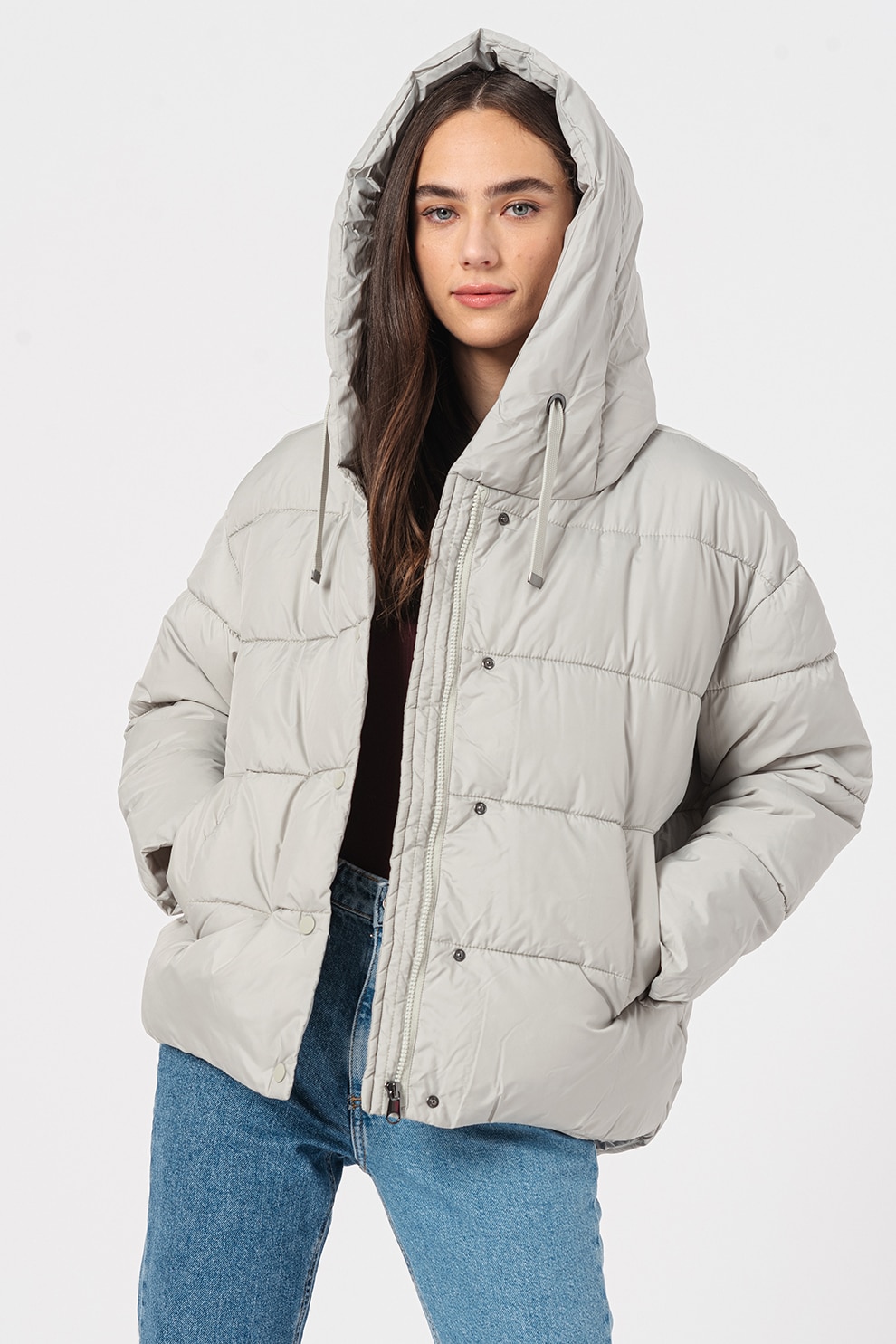 Vero Moda, Geaca scurta cu vatelina si gluga Gemma, Gri cenusa, L