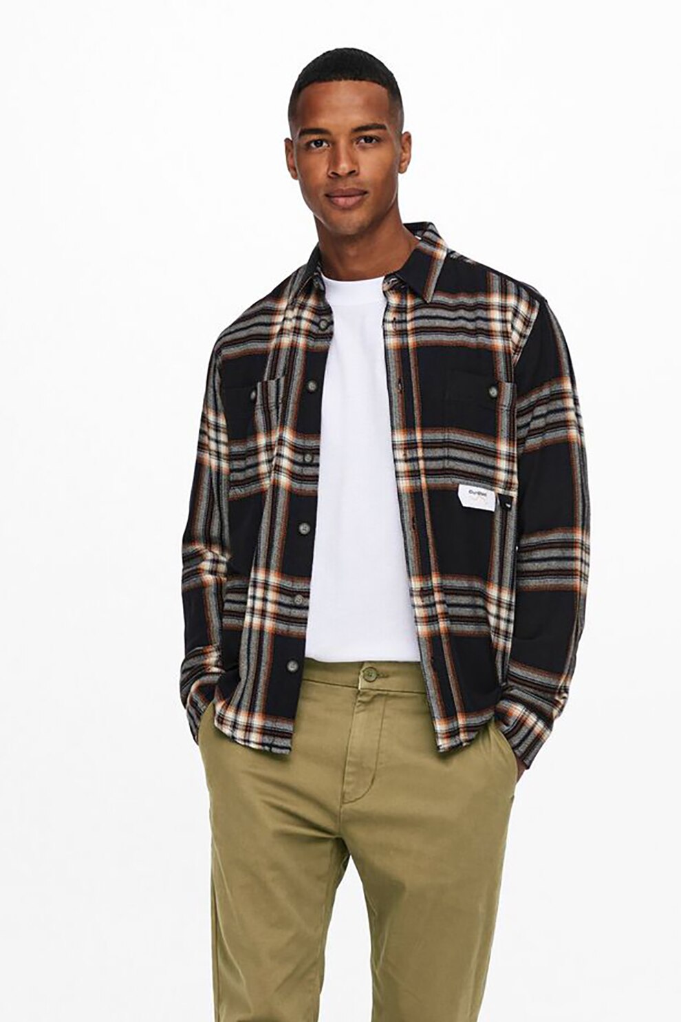 Only & sons, Camasa cu model in carouri si buzunare pe piept, Bleumarin inchis/oranj pal/gri melange