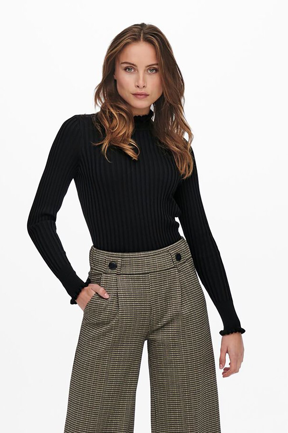 Only, Pulover tricotat fin cu volane Kelci, Negru