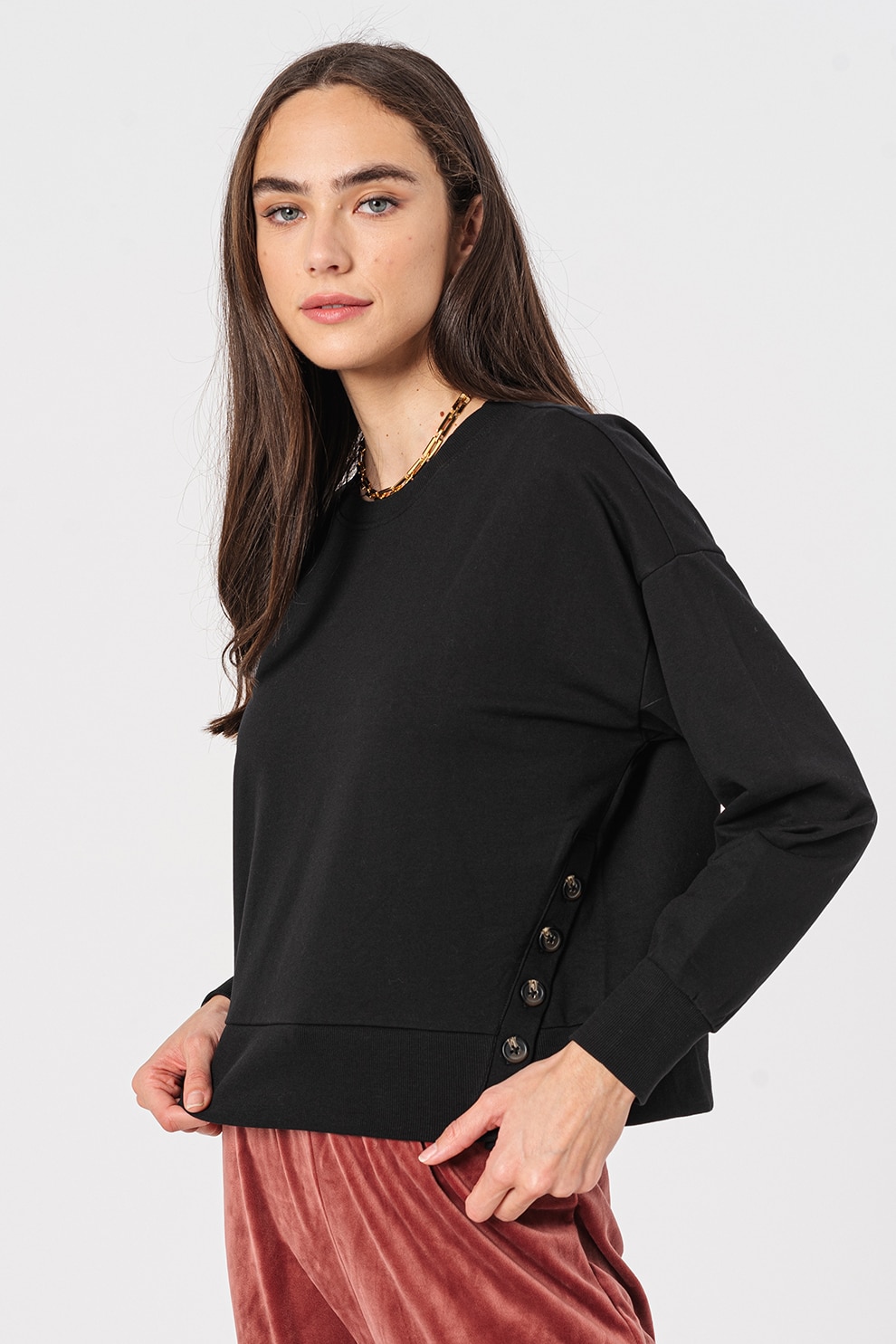 Vero Moda, Bluza sport din amestec de bumbac cu maneci cazute Unicca, Negru
