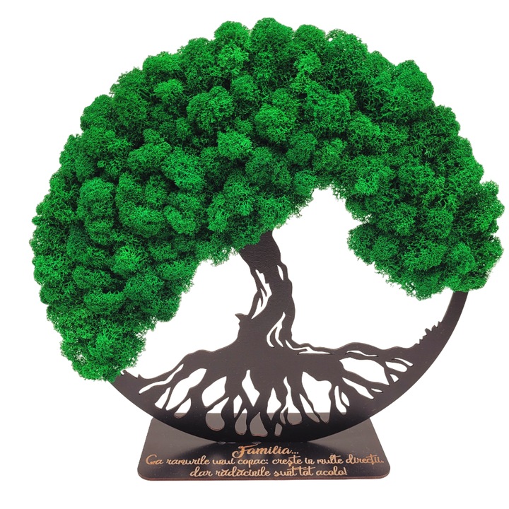 Decoratiune Copacul vietii cu licheni verzi, cu suport gravat cu mesaj "Familia-ca ramurile unui copac", Lemn Negru, 30 cm