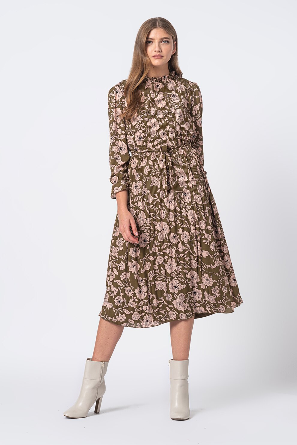 Vero Moda, Rochie midi evazata cu imprimeu floral Vilma, Verde/Roz