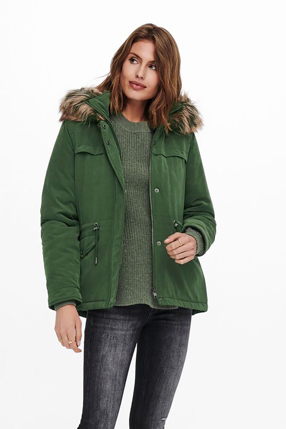 Only, Geaca cu vatelina si snur de ajustare in talie, Verde englez, S
