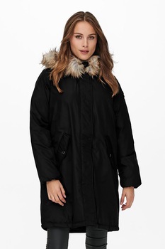 Only, Jacheta parka lunga cu garnitura din blana sintetica, Verde militar Only, Jacheta parka lunga cu garnitura din blana sintetica, Verde militar