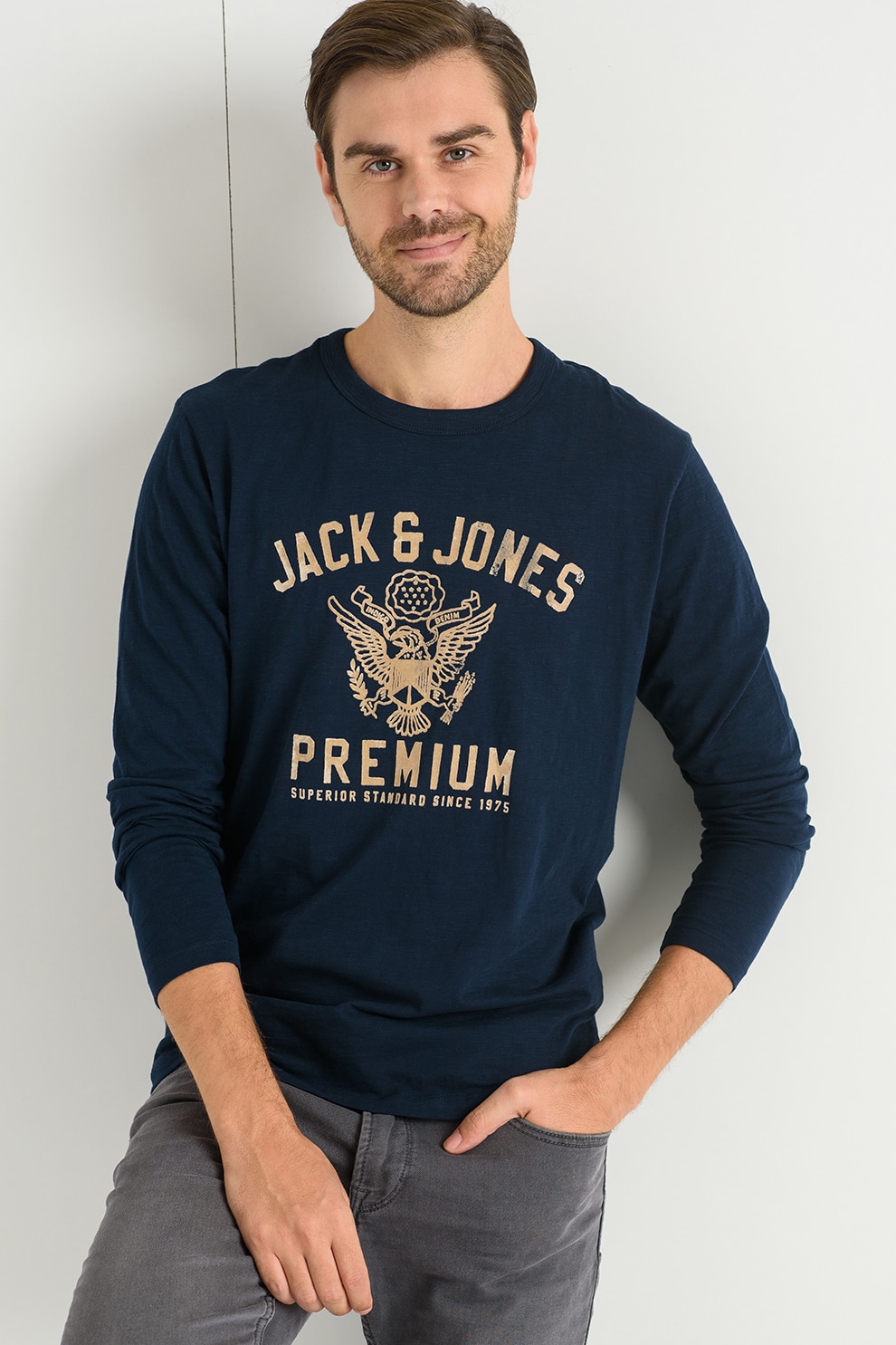 Jack&Jones, Bluza cu decolteu la baza gatului din jerseu Blu Ralph, Bleumarin/camel