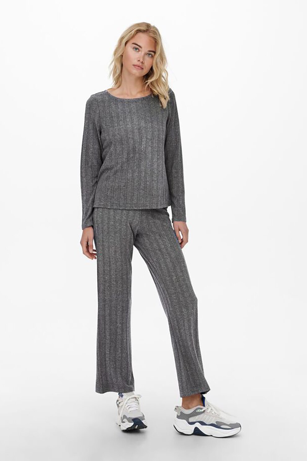 Only, Pantaloni striati din jerseu cu croiala ampla Augusta, Gri inchis melange