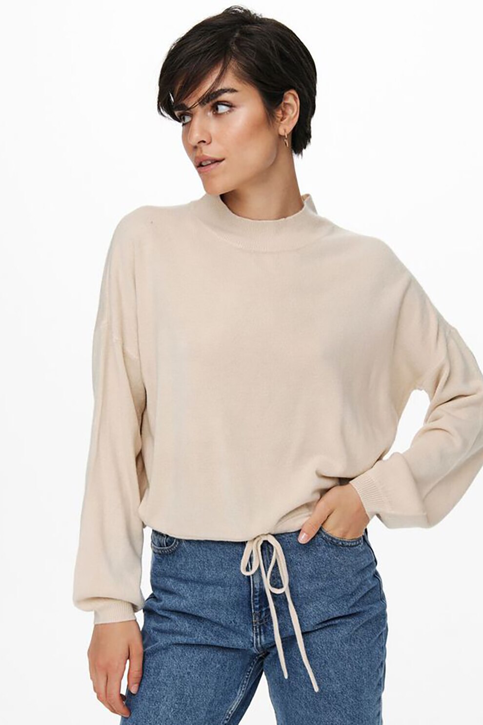 Only, Pulover cu maneci cazute si terminatie ajustabila, Maro nisip