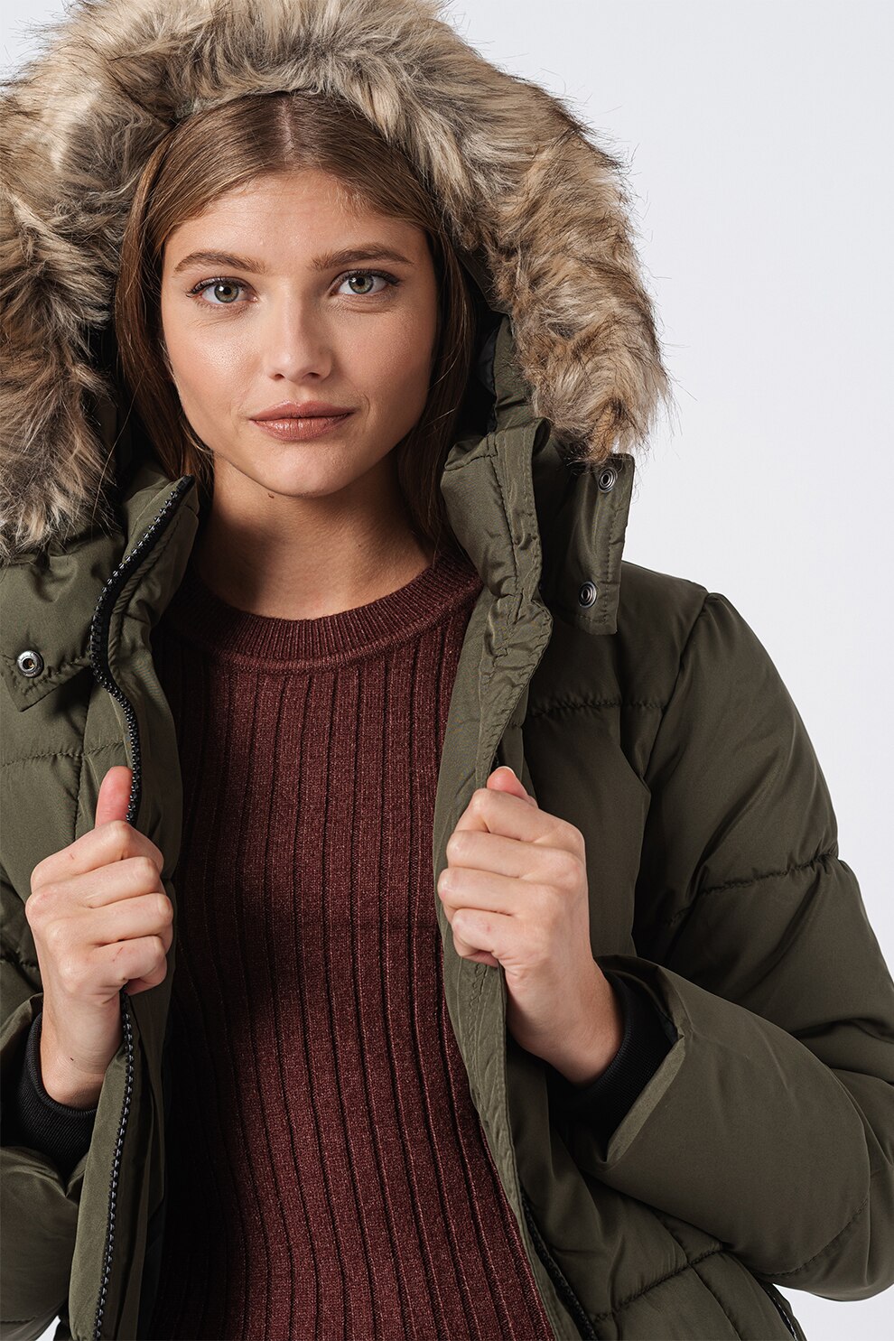 JdY, Geaca cu garnitura din blana sintetica Daisy, Verde militar