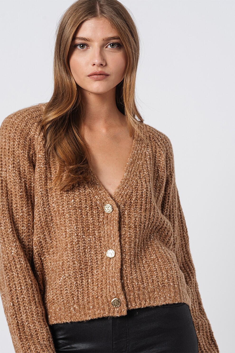 Only, Cardigan scurt cu decolteu in V Felicia, Maro camel