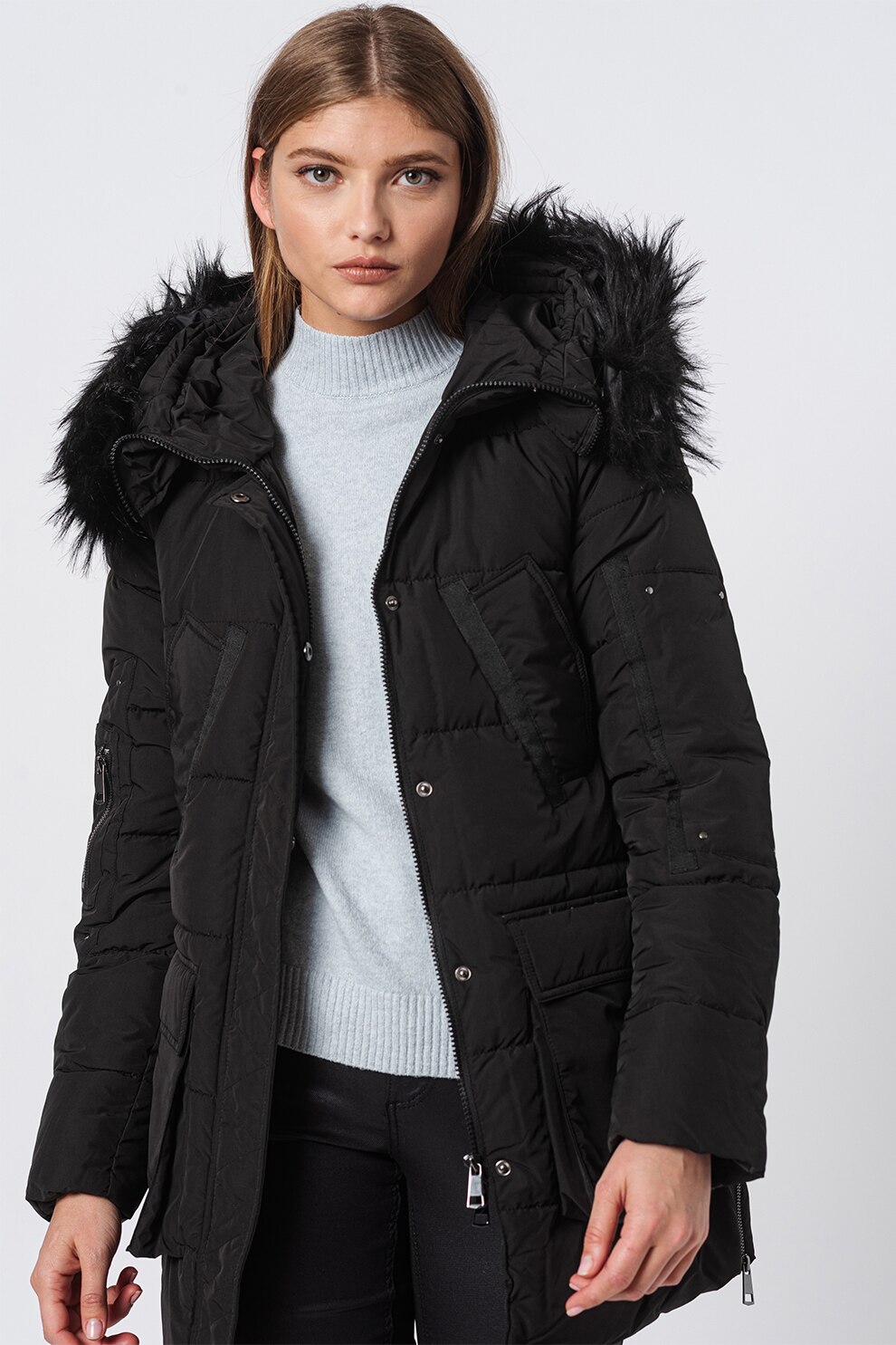 JdY, Geaca cu vatelina si gluga cu garnitura din blana sintetica Dawson, Negru