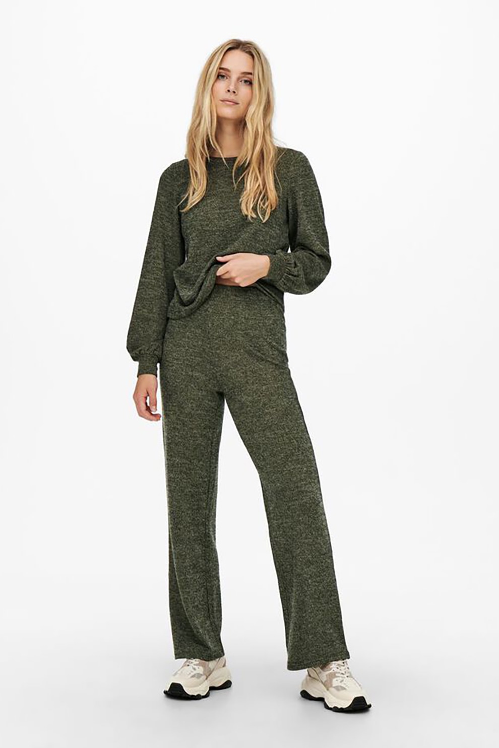 JdY, Pantaloni tricotati fin din jerseu cu croiala ampla Emma, Verde militar