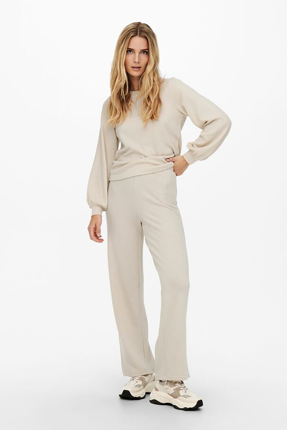 JdY, Pantaloni tricotati fin din jerseu cu croiala ampla Emma, Maro nisip