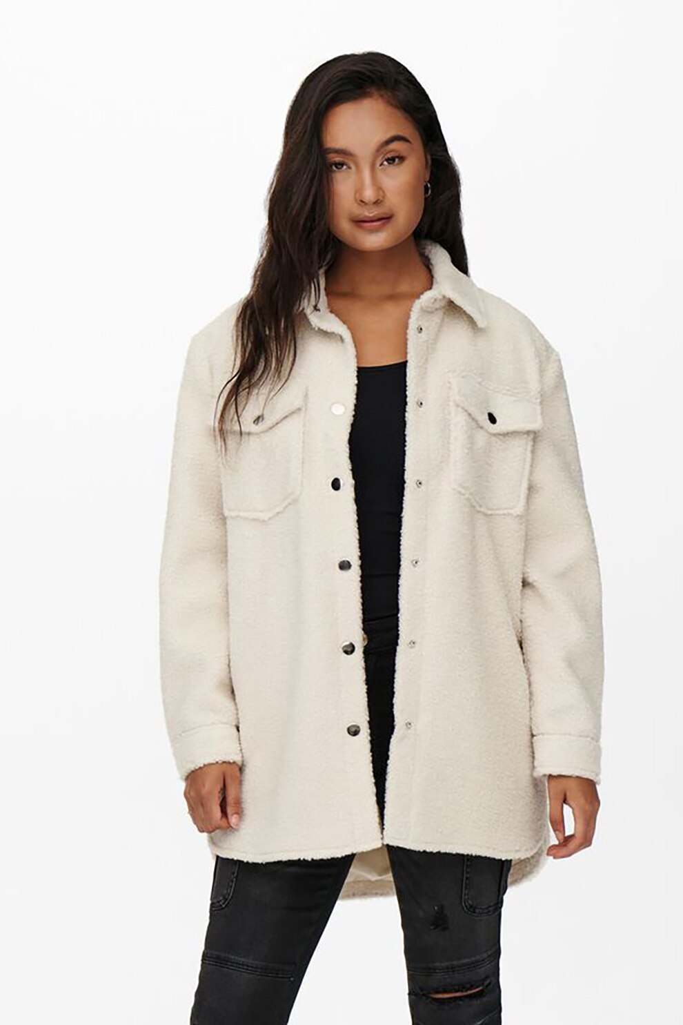 Only, Jacheta tip camasa cu buzunare cu clapa, Alb fildes