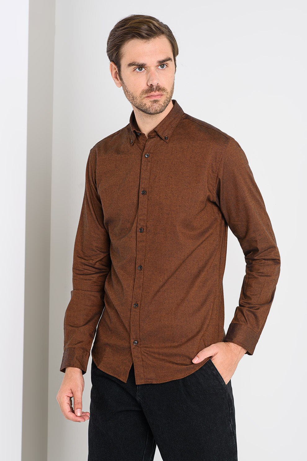 Jack&Jones, Camasa slim fit din amestec de bumbac organic si lyocell Blawinter, Negru/Maro