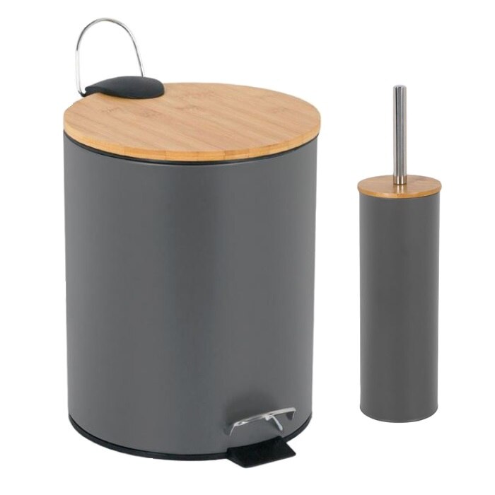 Set accesorii baie format din cos de gunoi metalic si perie WC, cu capac de bambus, 5L, Gri mat, 25x21 cm