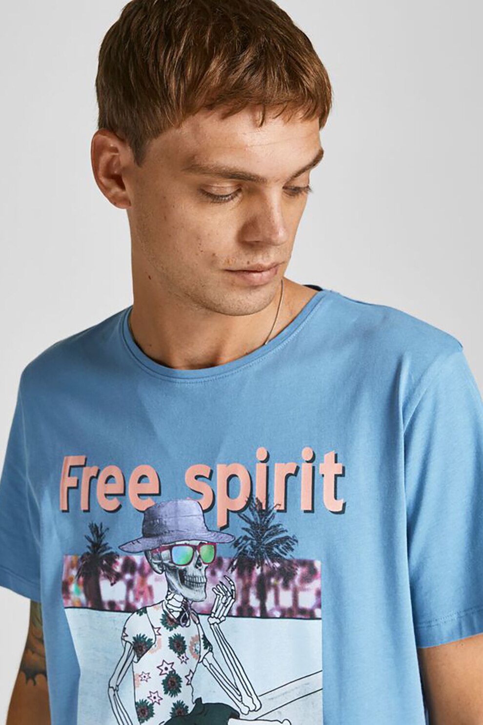 Jack&Jones, Tricou din bumbac cu imprimeu grafic, Albastru lavanda/roz prafuit