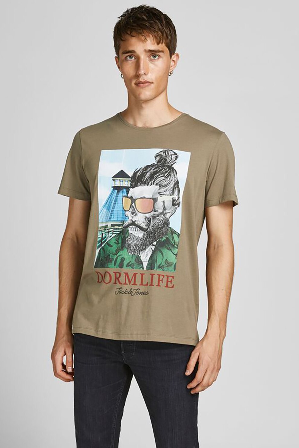 Jack&Jones, Tricou din bumbac cu imprimeu grafic, Kaki/albastru deschis