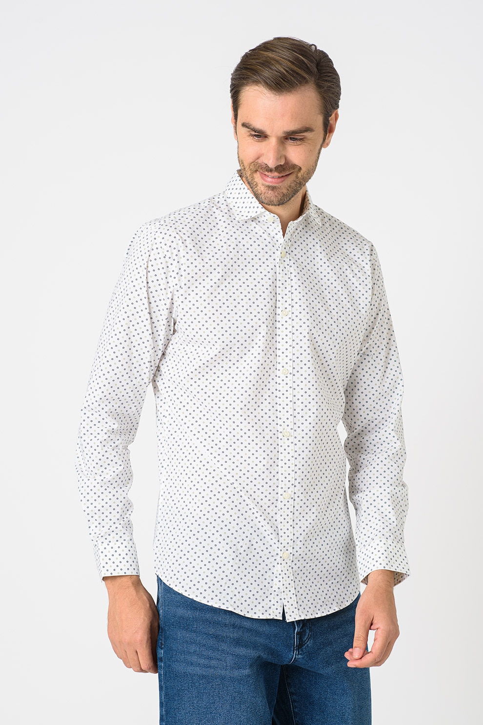 Jack&Jones, Camasa slim fit cu model geometric discret Bla, Alb/Bleumarin/Verde