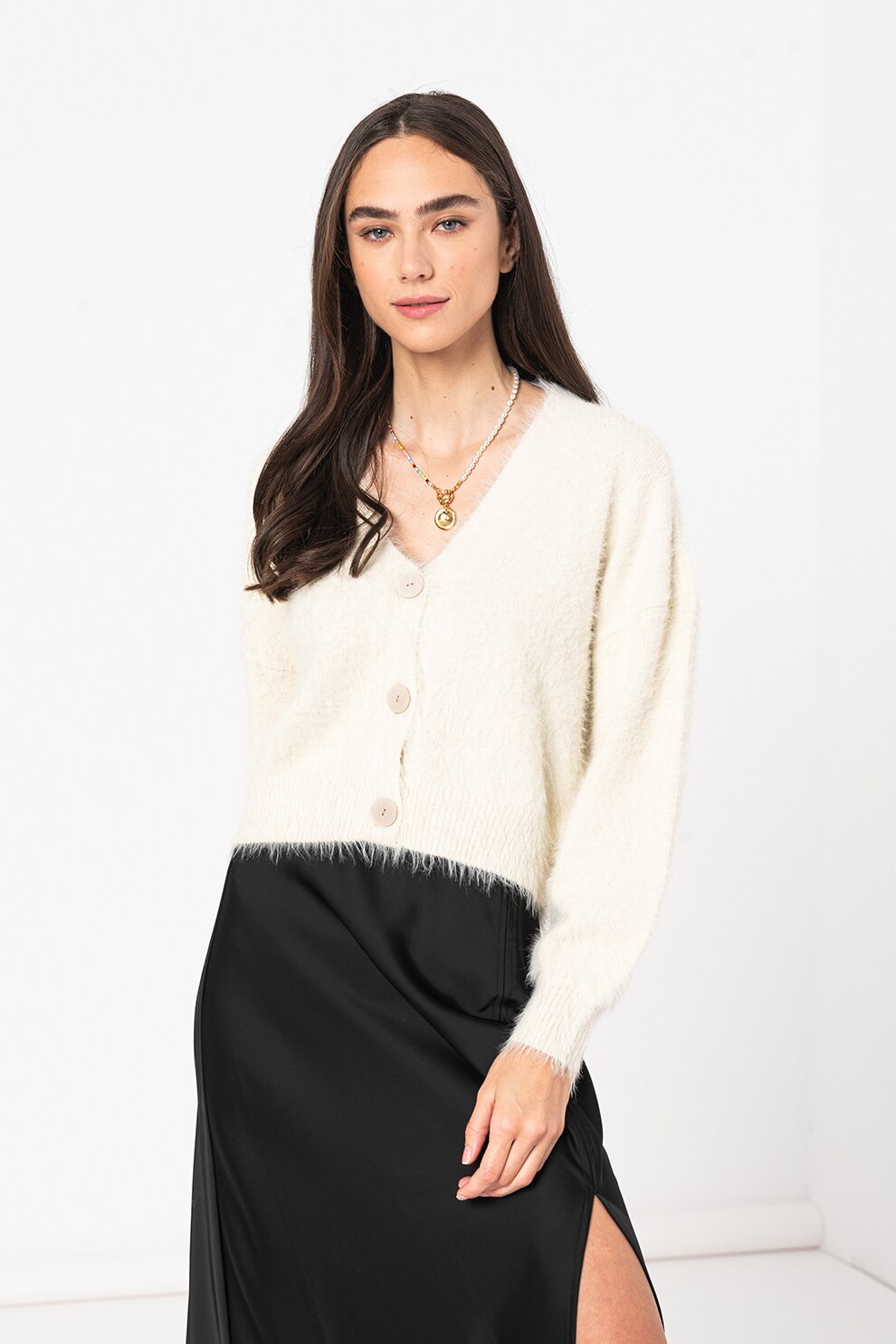 Vero Moda, Cardigan cu aspect pufos si decolteu in V Poilu, Crem
