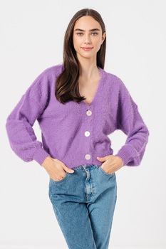 Vero Moda, Cardigan cu aspect pufos si decolteu in V Poilu, Ametist Vero Moda, Cardigan cu aspect pufos si decolteu in V Poilu, Ametist