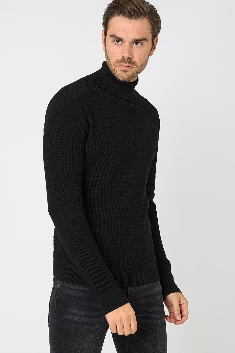 Jack&Jones, Pulover din amestec de bumbac cu guler inalt Blamonte, Negru