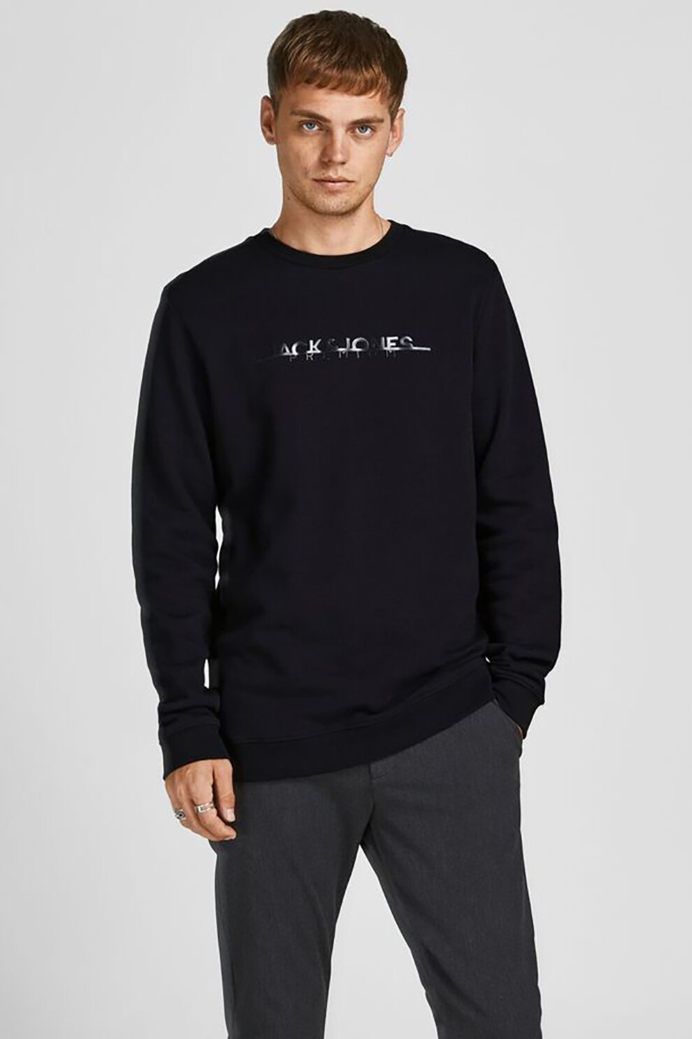 Jack&Jones, Bluza sport din bumbac cu imprimeu logo Bla, Negru