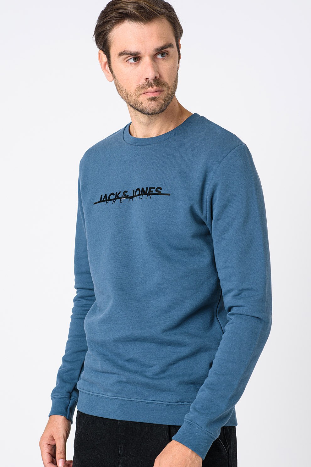 Jack&Jones, Bluza sport din bumbac cu imprimeu logo Bla, Albastru petrol