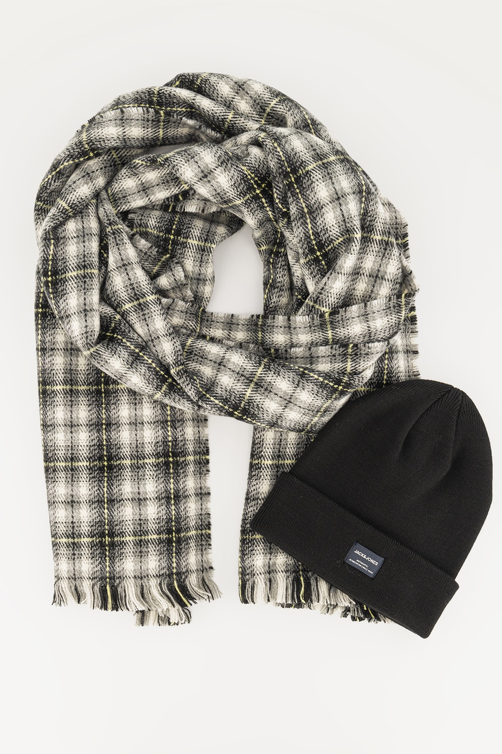 Jack&Jones, Set de fular si caciula, Negru/Gri