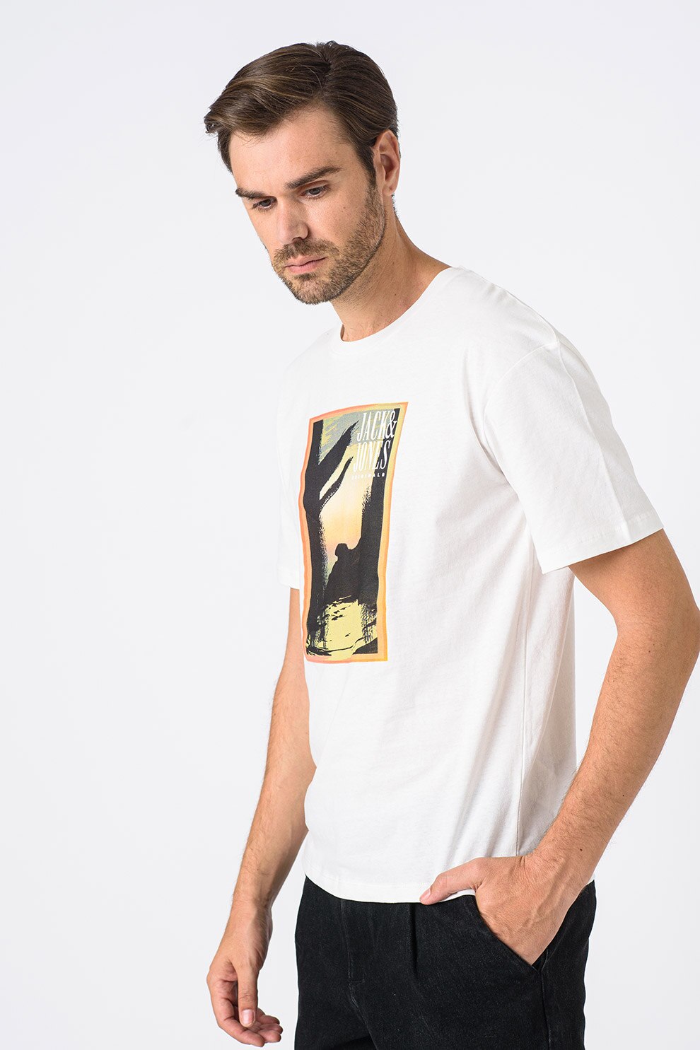 Jack&Jones, Tricou relaxed fit cu imprimeu grafic Collage, Alb/Verde/Negru