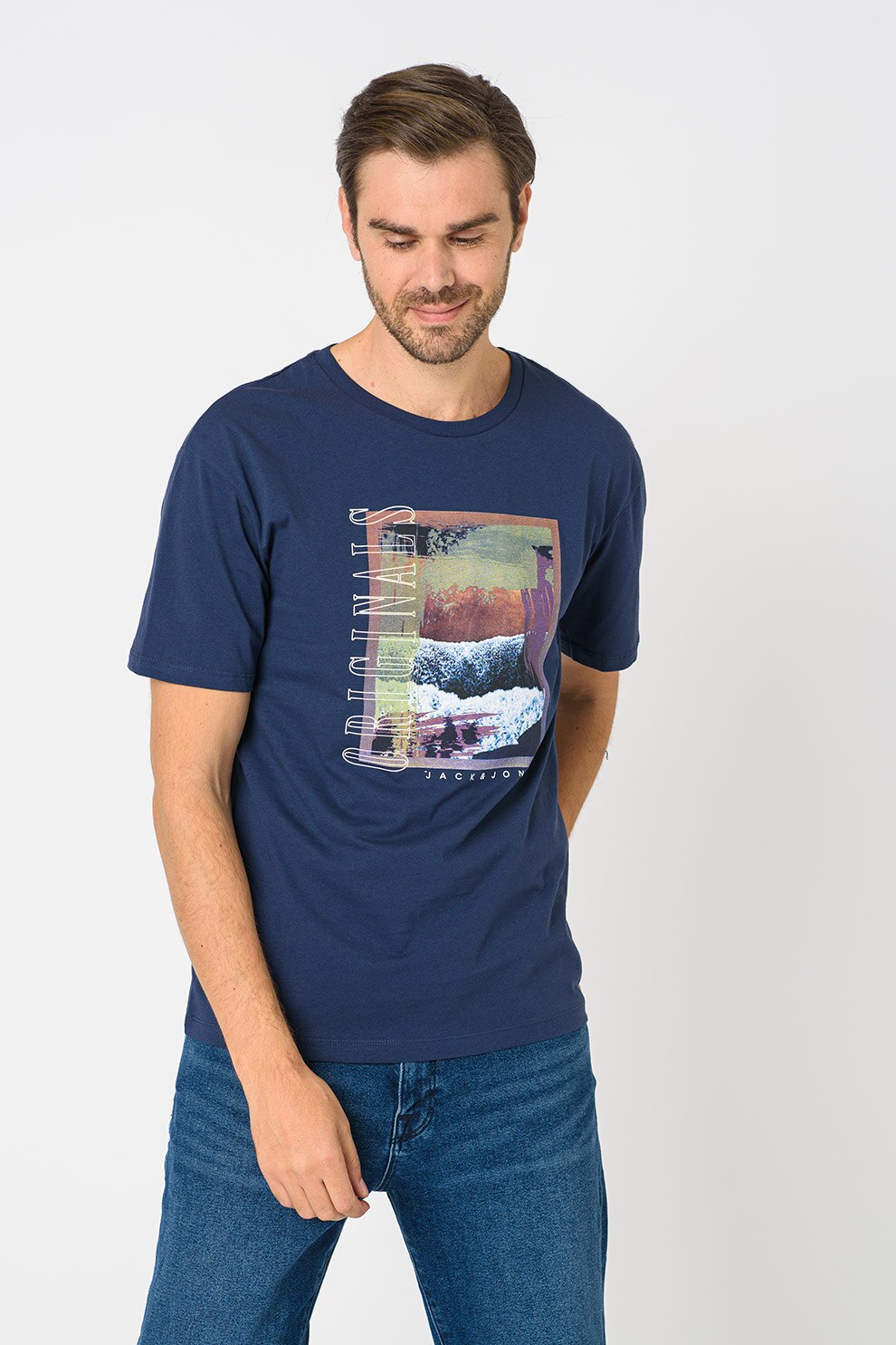 Jack&Jones, Tricou relaxed fit cu imprimeu grafic Collage, Bleumarin/Verde/Maro