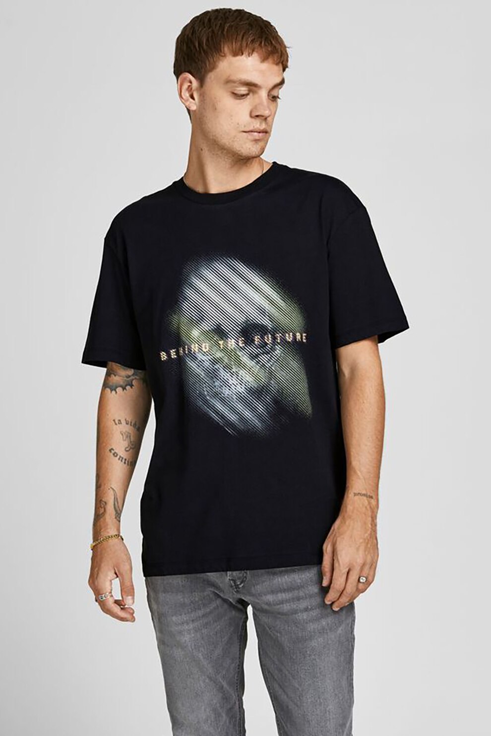 Jack&Jones, Tricou relaxed fit de bumbac Behing, Negru/Gri deschis