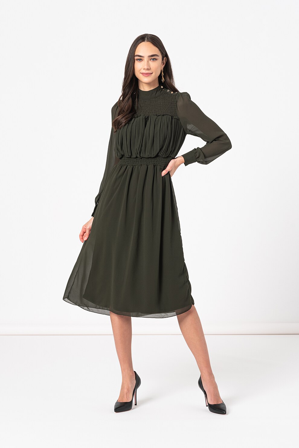 Only, Rochie vaporoasa cu maneci semitransparente Magnolia, Verde inchis