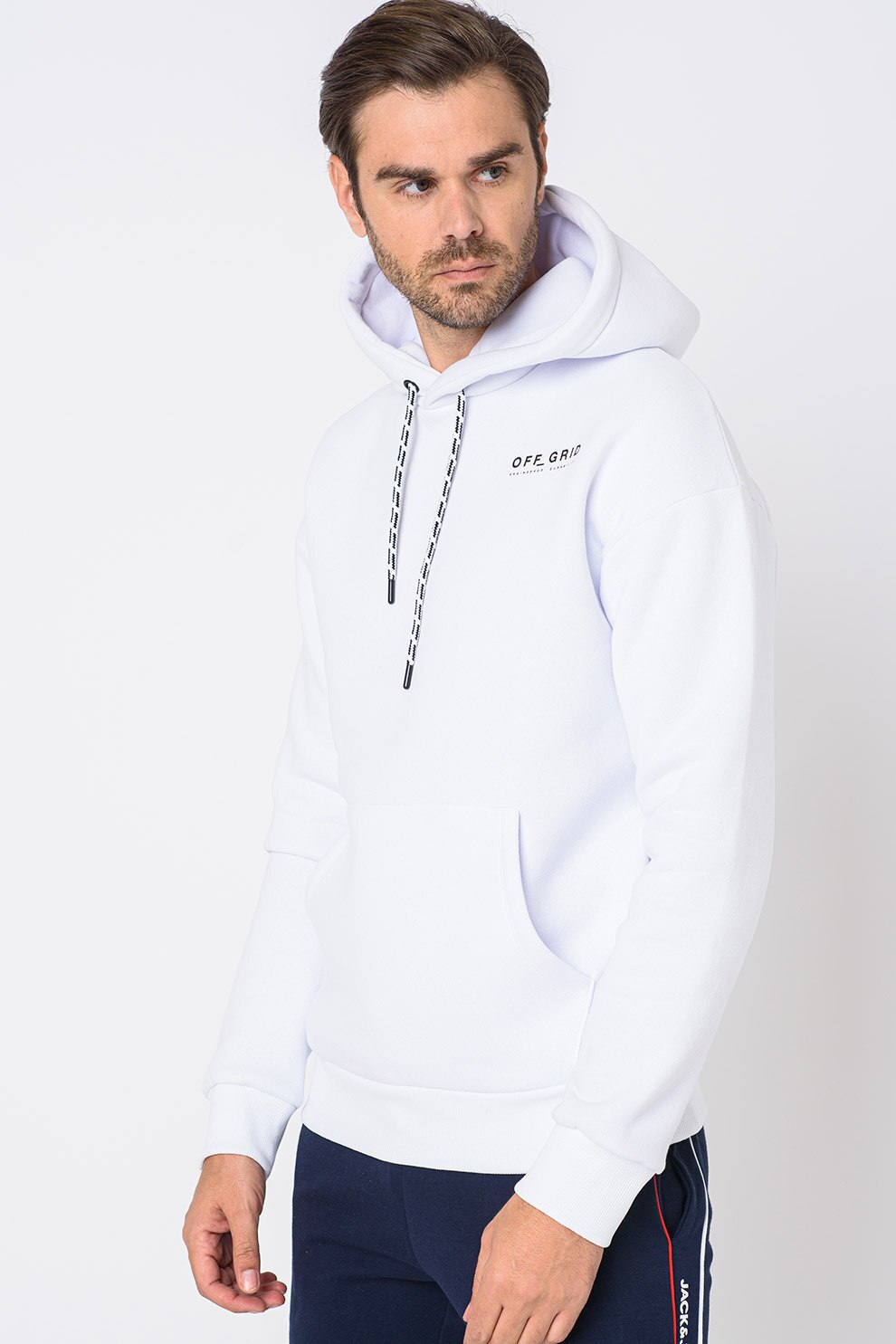 Jack&Jones, Hanorac relaxed fit cu imprimeu grafic pe partea din spate Clover, Alb/Albastru/Negru