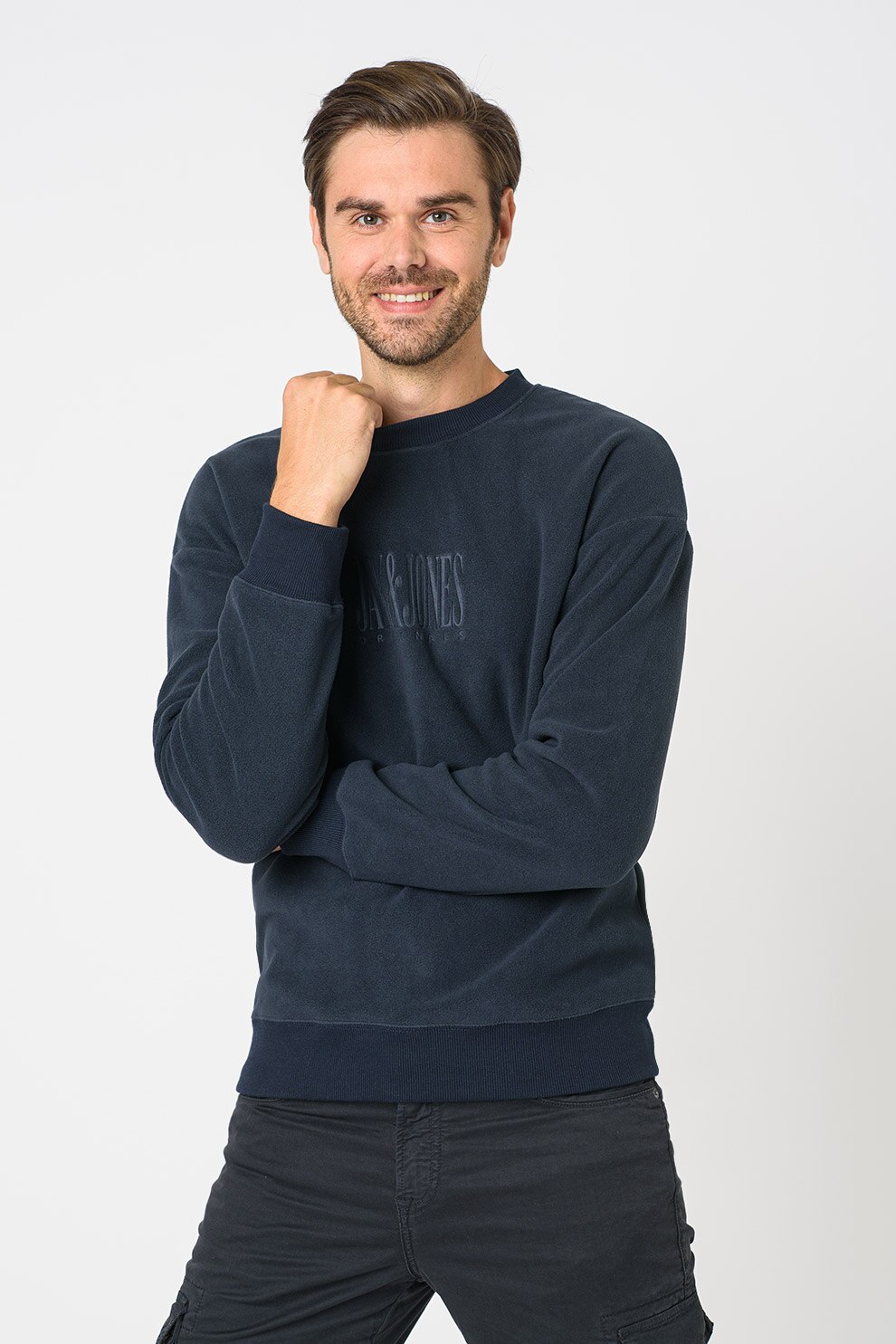 Jack&Jones, Bluza sport cu decolteu la baza gatului si maneci cazute Nostalgia, Bleumarin