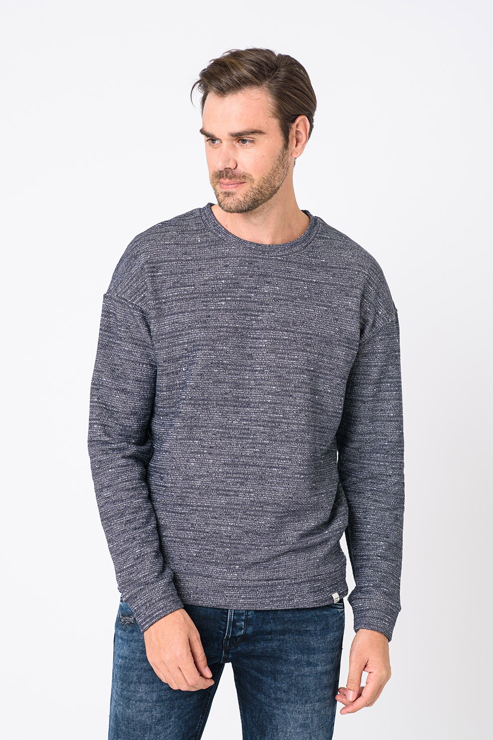 Jack&Jones, Bluza sport cu decolteu la baza gatului si maneci cazute Ryan, Bleumarin inchis/gri cenusa