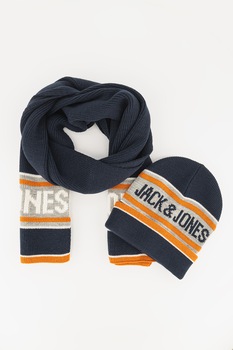 Jack&Jones, Set de fular si caciula cu logo, Bleumarin/Gri/Rosu, L-XL Standard Jack&Jones, Set de fular si caciula cu logo, Bleumarin/Gri/Rosu, L-XL Standard