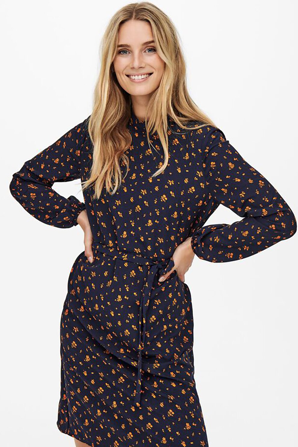 JdY, Rochie cu imprimeu si guler scurt, Bleumarin inchis/Maro camel, XS