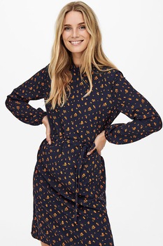 JdY, Rochie cu imprimeu si guler scurt, Bleumarin inchis/Maro camel, XS JdY, Rochie cu imprimeu si guler scurt, Bleumarin inchis/Maro camel, XS