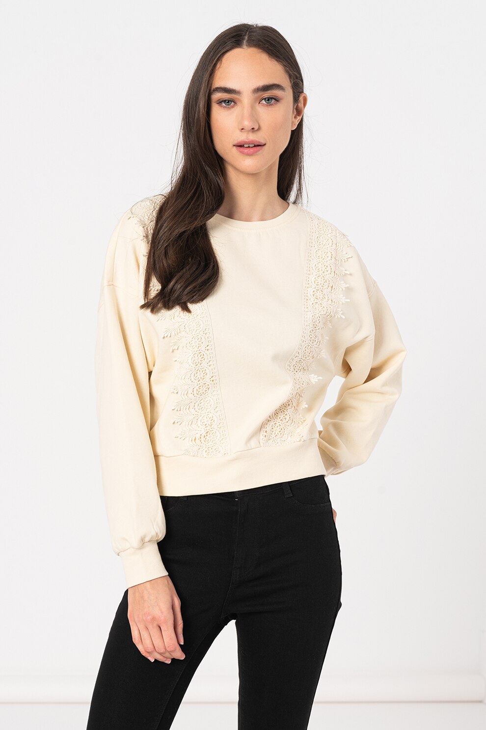 JdY, Bluza sport cu detalii de dantela Tikka, Crem