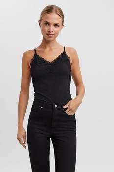 Vero Moda, Top tip body cu decolteu in V si insertii din dantela, Negru, S Vero Moda, Top tip body cu decolteu in V si insertii din dantela, Negru, S