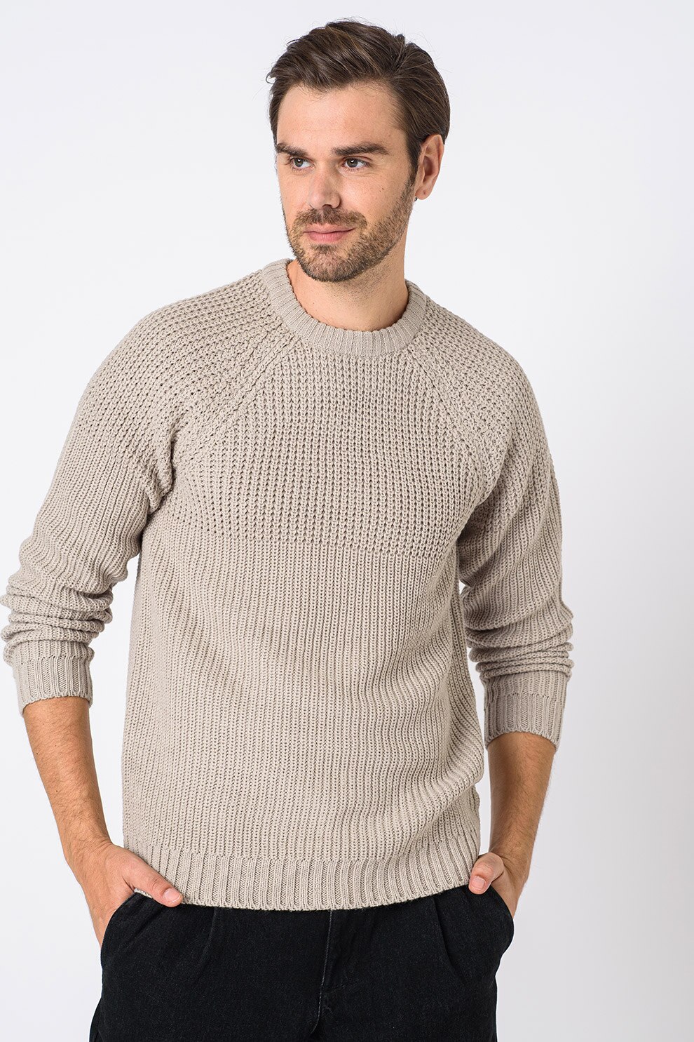 Only & Sons, Pulover cu decolteu la baza gatului si maneci raglan Kelvin, Maro nisip