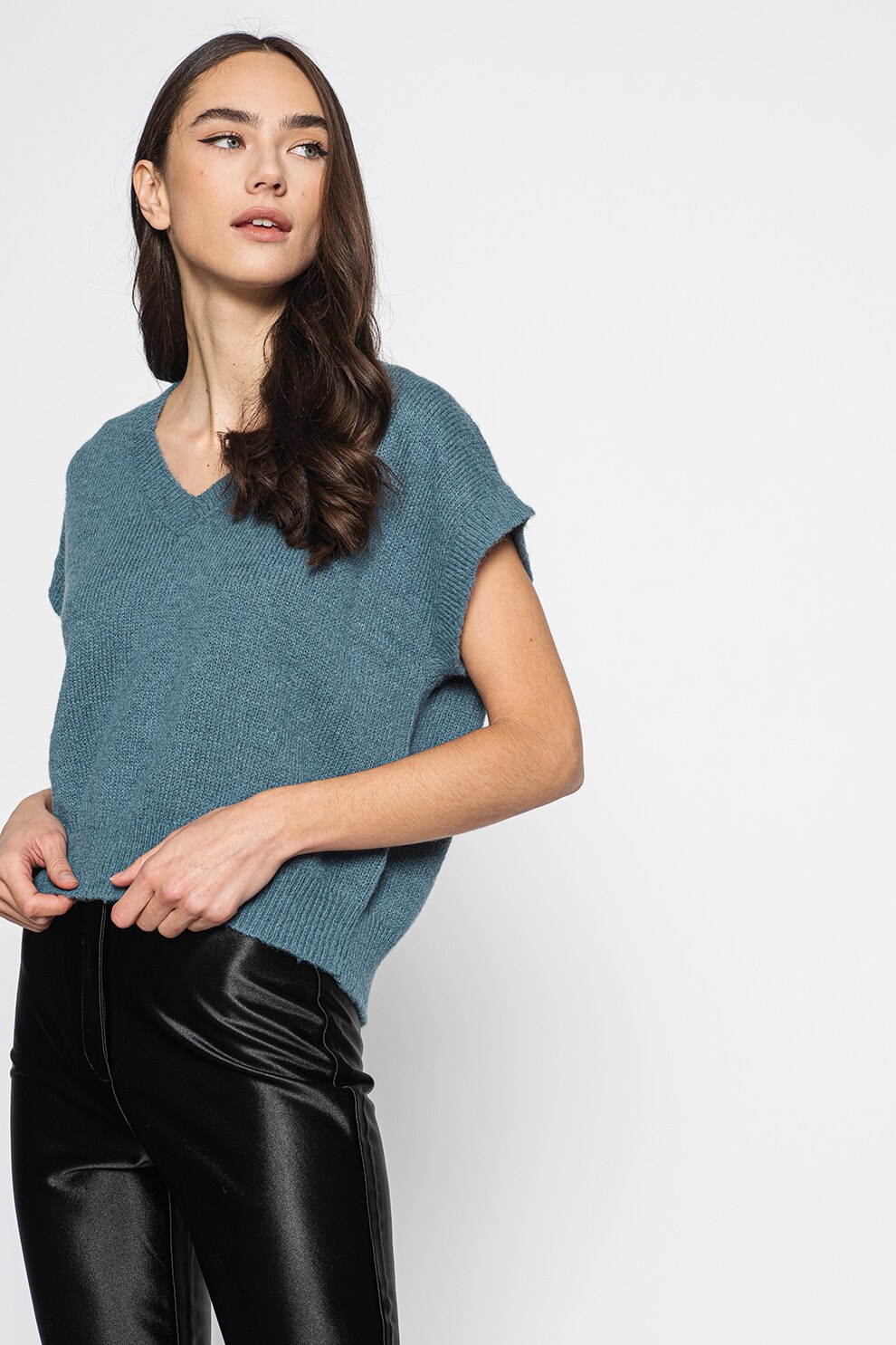 JdY, Pulover cu maneci scurte si decolteu in V Firez, Albastru petrol, XS-S