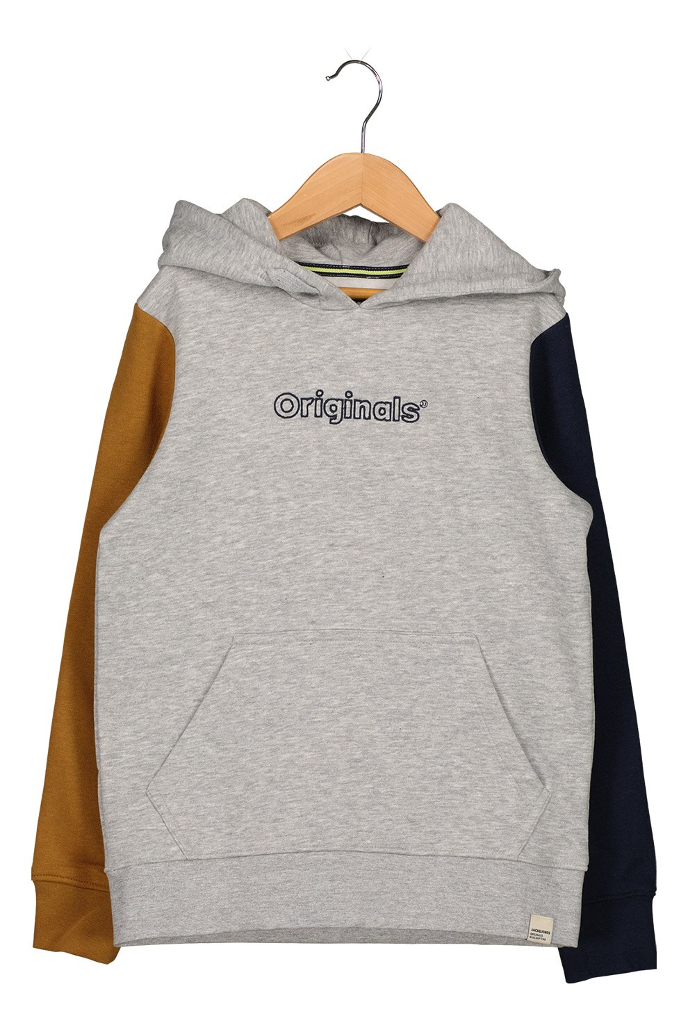 Jack&Jones, Hanorac cu model colorblock si buzunar kangaroo, Gri deschis melange/Bleumarin/Ocru