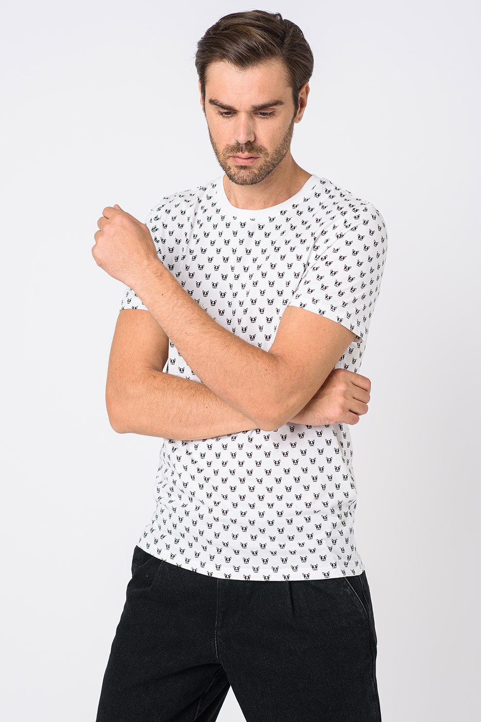 Jack&Jones, Tricou cu decolteu la baza gatului cu imprimeu Daxton, Alb/Negru