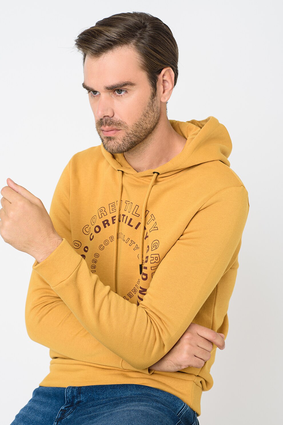 Jack&Jones, Hanorac cu logo si imprimeu grafic Booster, Galben mustar/Rosu Bordeaux