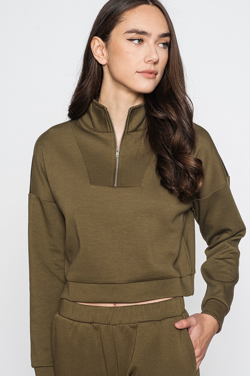 Vero Moda, Bluza sport crop cu maneci cazute, Verde oliv